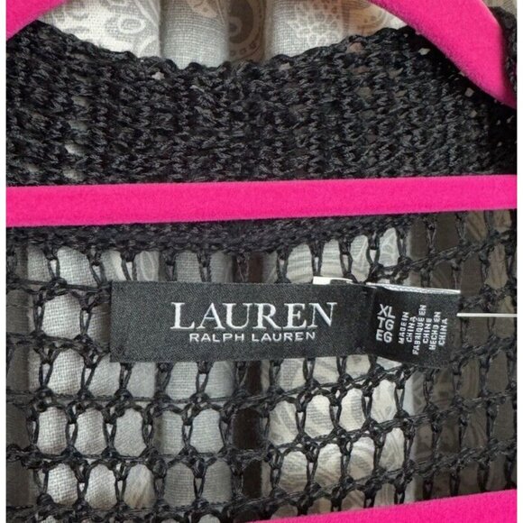 RALPH LAUREN XL Women's Pointelle Knit Linen Blend Cardigan $245 Fringe Black - Picture 8 of 15